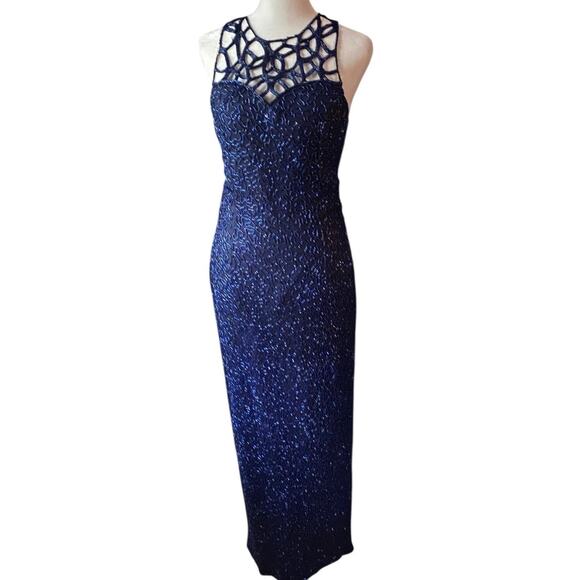Vtg 90s Scala Silk Beaded Formal Dress Long Gown Dark Royal Blue Prom Caged Yoke - Picture 1 of 16